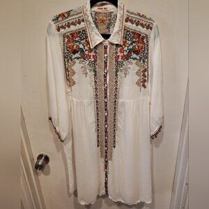 Johnny Was Embroidered Sheer White Button Front Tunic Top Mini Dress Sz L Boho